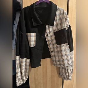 Plus Size Corduroy Plaid Panel Drop Shoulder Jacket